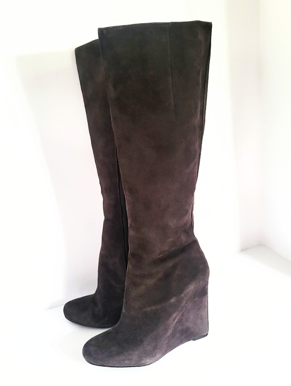 Nine West Soft Dark Esspresso Genuine Leather Suede Knee High Wedge Heel Boots 8